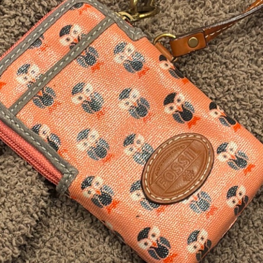 Fossil OWL 🦉 coral / orange Wristlet with Brown Leather strap 🦉🦉